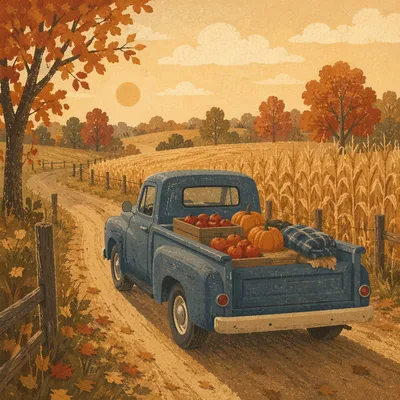 Autumn Farm Road Pickup at Sunset