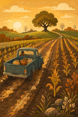 Pickup Truck on Autumn Farm Road