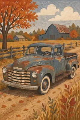 Vintage Pickup Truck on Autumn Farm Road