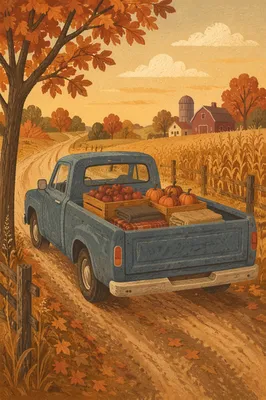 Autumn Farm Road Pickup at Sunset