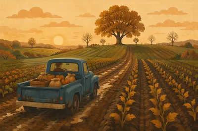 Pickup Truck on Autumn Farm Road