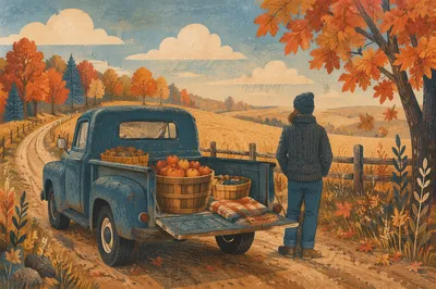 Autumn Pickup Truck on Country Farm Road