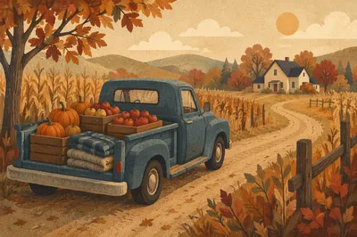 Autumn Pickup Truck on Rural Farm Road
