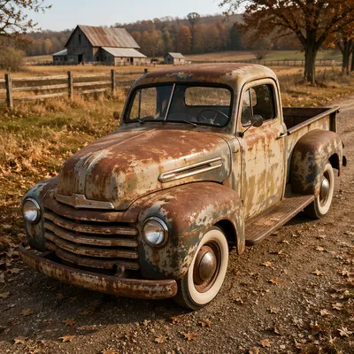 Vintage Pickup Truck on Autumn Farm Road