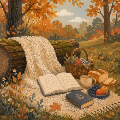 Cozy Autumn Park Picnic Reading Scene