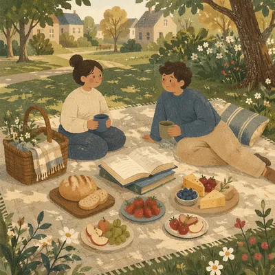 Relaxed Park Picnic with Food and Books