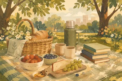 Peaceful Park Picnic with Food and Books