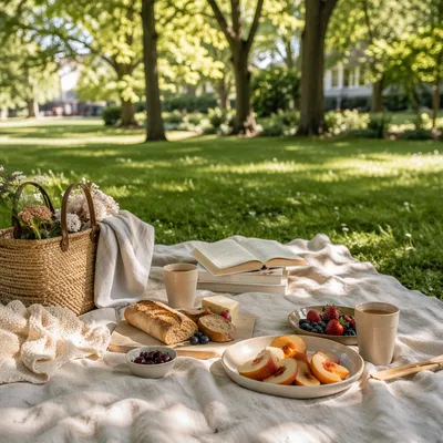 Relaxed Park Picnic with Food and Books