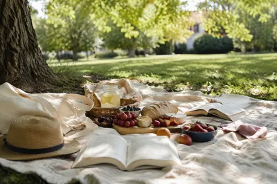 Peaceful Park Picnic Blanket with Books