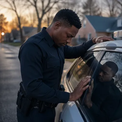 Police Officer Praying Beside Patrol Car