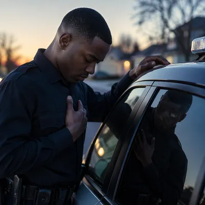 Police Officer Praying Beside Patrol Car