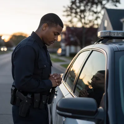 Police Officer Praying Beside Patrol Car