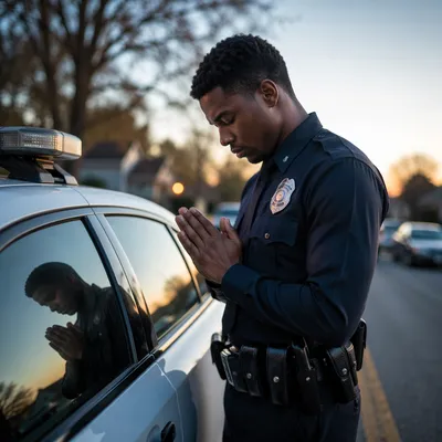 Police Officer Praying Beside Patrol Car