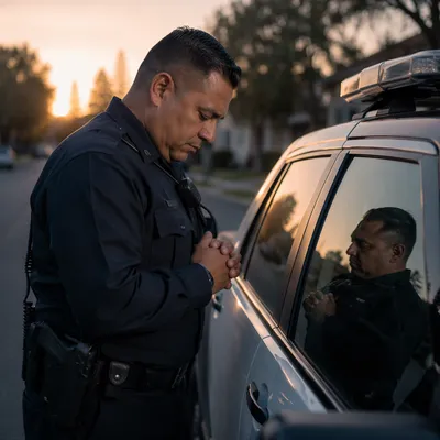 Police Officer Praying Beside Patrol Car