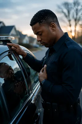 Police Officer Praying Beside Patrol Car