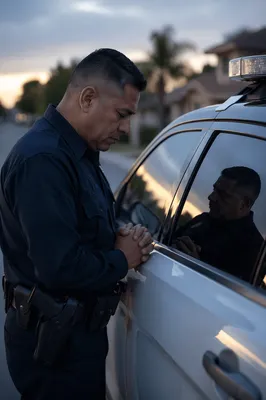 Police Officer Praying Beside Patrol Car