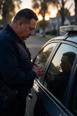 Police Officer Praying Beside Patrol Car