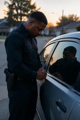 Police Officer Praying Beside Patrol Car