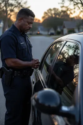 Police Officer Beside Patrol Car at Dawn