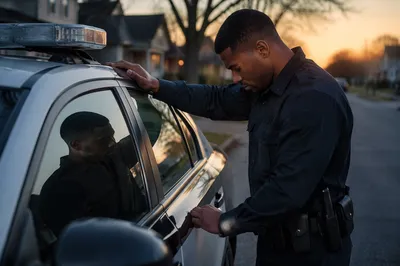 Police Officer Praying Beside Patrol Car