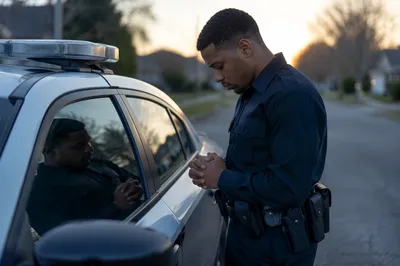 Police Officer Praying Beside Patrol Car