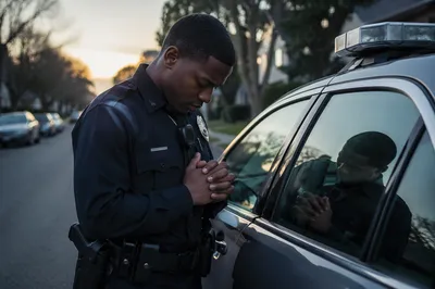 Police Officer Praying Beside Patrol Car