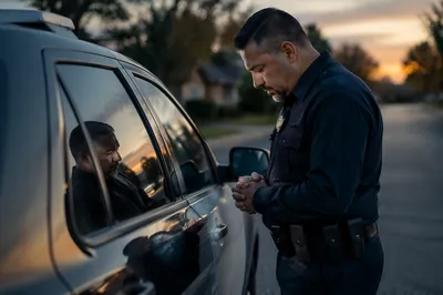 Police Officer Praying Beside Patrol Car