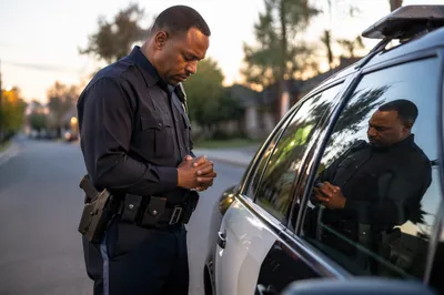 Police Officer in Quiet Dawn Reflection