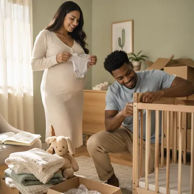 Expectant Couple Preparing Sunlit Baby Nursery