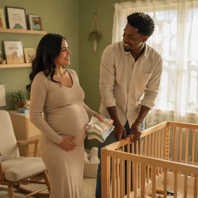 Expectant Couple Assembling Crib in Nursery