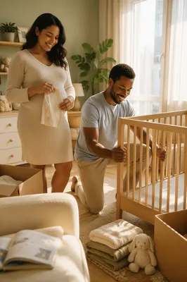 Expectant Couple Preparing Sunlit Baby Nursery