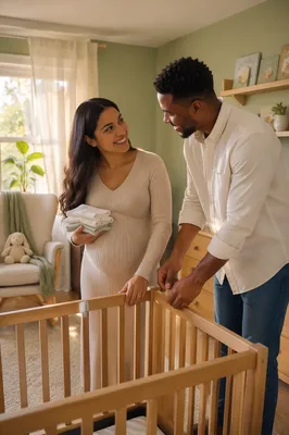 Expectant Couple Assembling Crib in Nursery