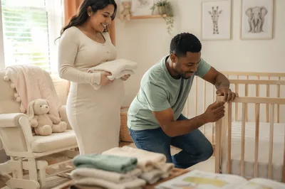 Expectant Couple Preparing Bright Baby Nursery