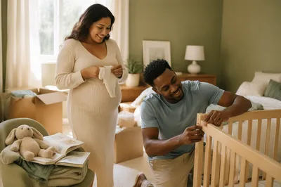Expectant Couple Preparing Sunlit Baby Nursery