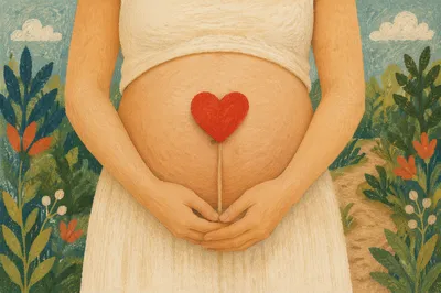 Pregnant Woman Holding Red Heart Outdoors