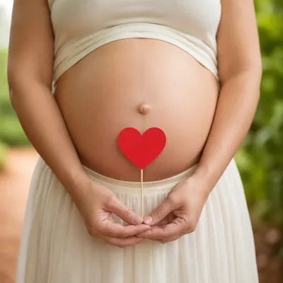 Pregnant Woman Holding Red Heart Belly