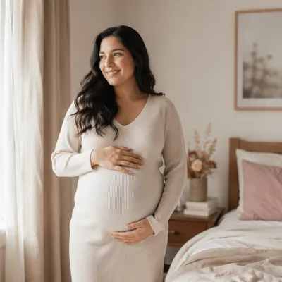 Pregnant Woman by Sunlit Bedroom Window