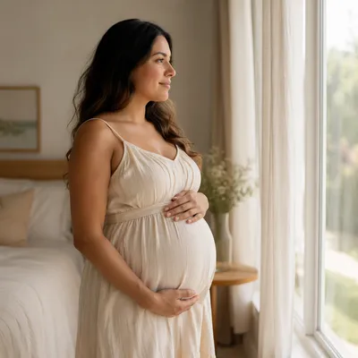 Peaceful Pregnant Woman by Bedroom Window