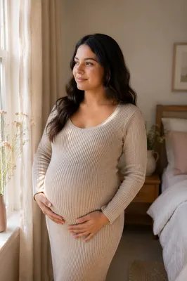 Pregnant Woman by Sunlit Bedroom Window