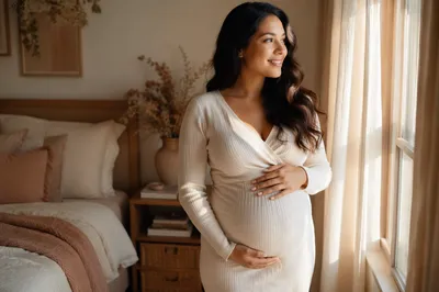 Pregnant Woman by Sunlit Bedroom Window