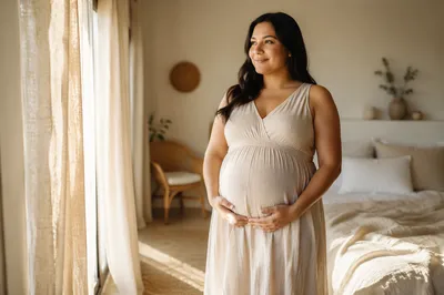 Pregnant Woman by Sunlit Bedroom Window