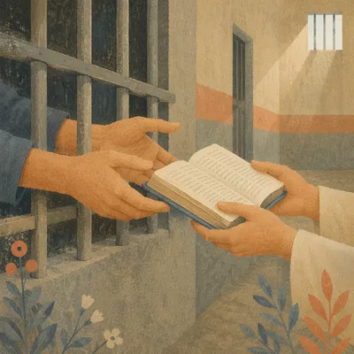 Hands Reaching for Bible Through Bars