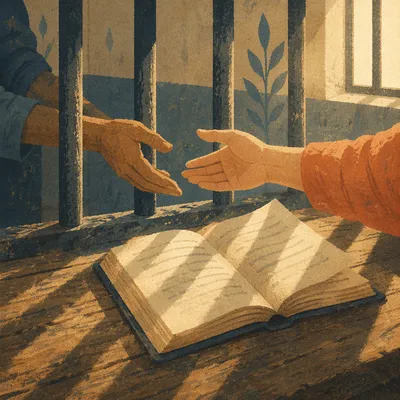 Hands Reaching Bible Through Prison Bars