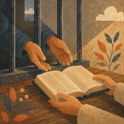 Hands Reaching Through Bars to Bible