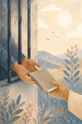 Hands Offering Scripture Through Prison Bars