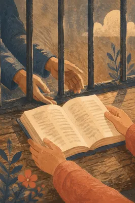 Hands Reaching Through Bars to Bible