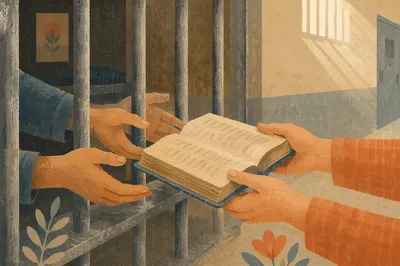 Hands Reaching for Bible Through Bars