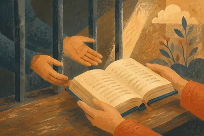 Hopeful Hands Reaching for Bible Through Bars
