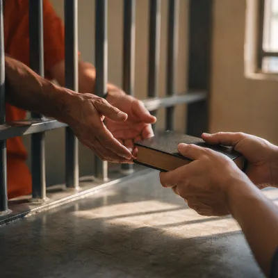 Hands Reaching for Bible Through Prison Bars