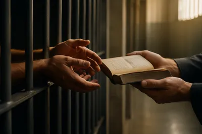 Hands Reaching for Bible Through Jail Bars